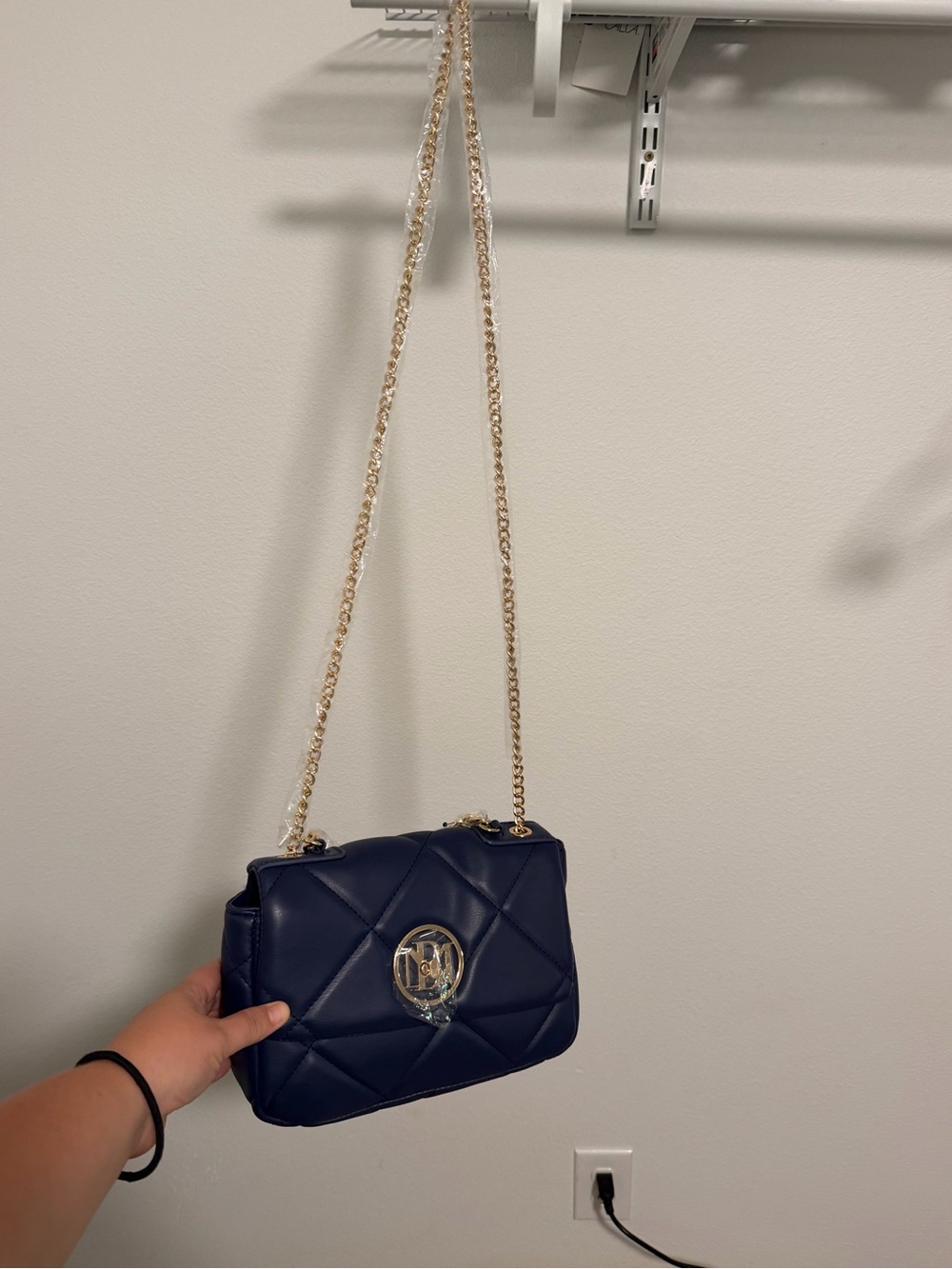 Badgley Mischka Quilted Crossbody in Navy Blue with Gold Chain
